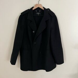 Talbots Womens Coat 16 Black Double‎ Breasted Pea Coat Epaulet Button Wool Blend